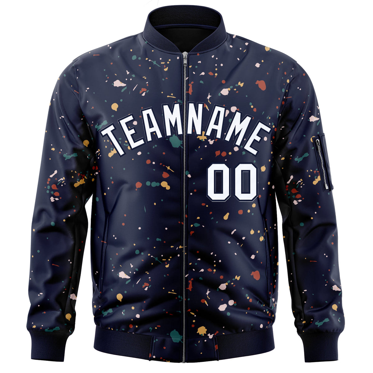 Custom Navy White Varsity Full-Zip Splash Graffiti Pattern Letterman Jacket