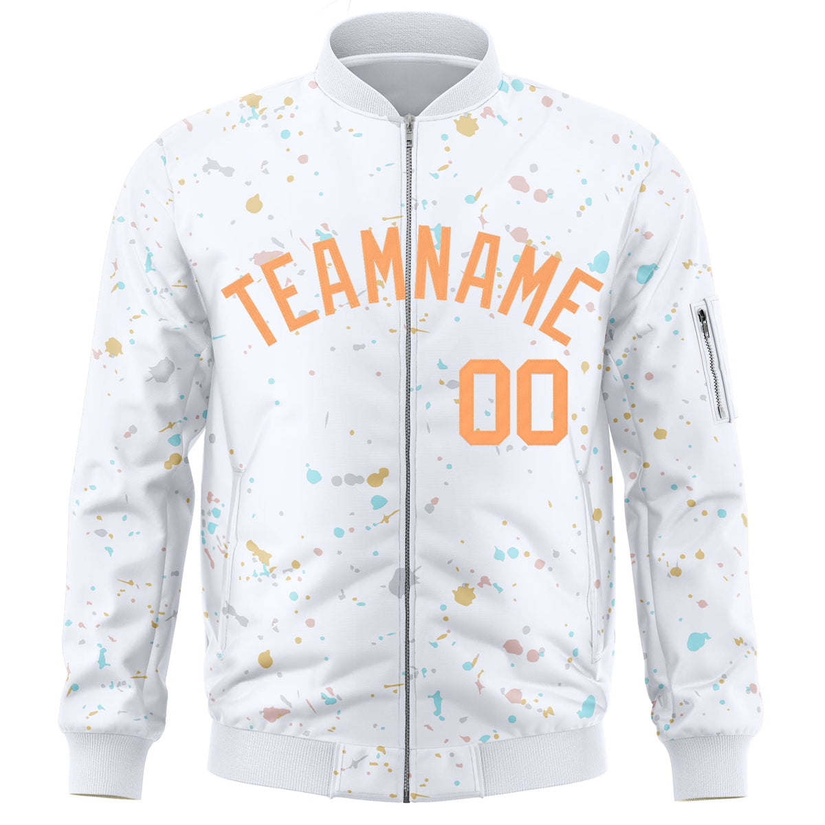 Custom White Orange Varsity Full-Zip Splash Graffiti Pattern Letterman Jacket