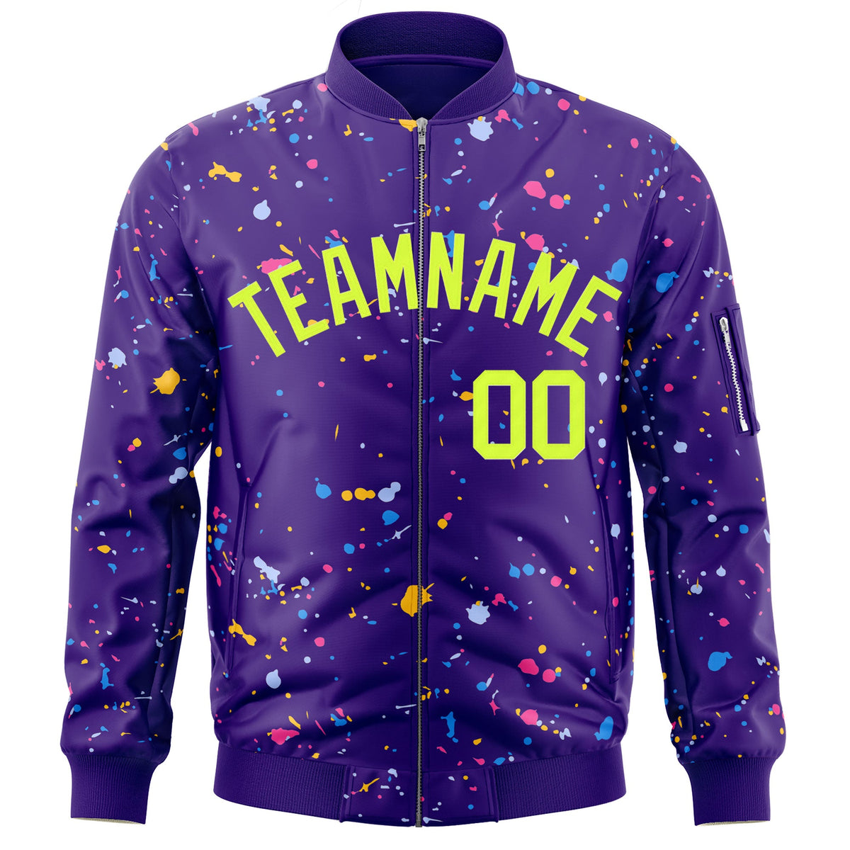 Custom Purple Neon Green Varsity Full-Zip Splash Graffiti Pattern Letterman Jacket