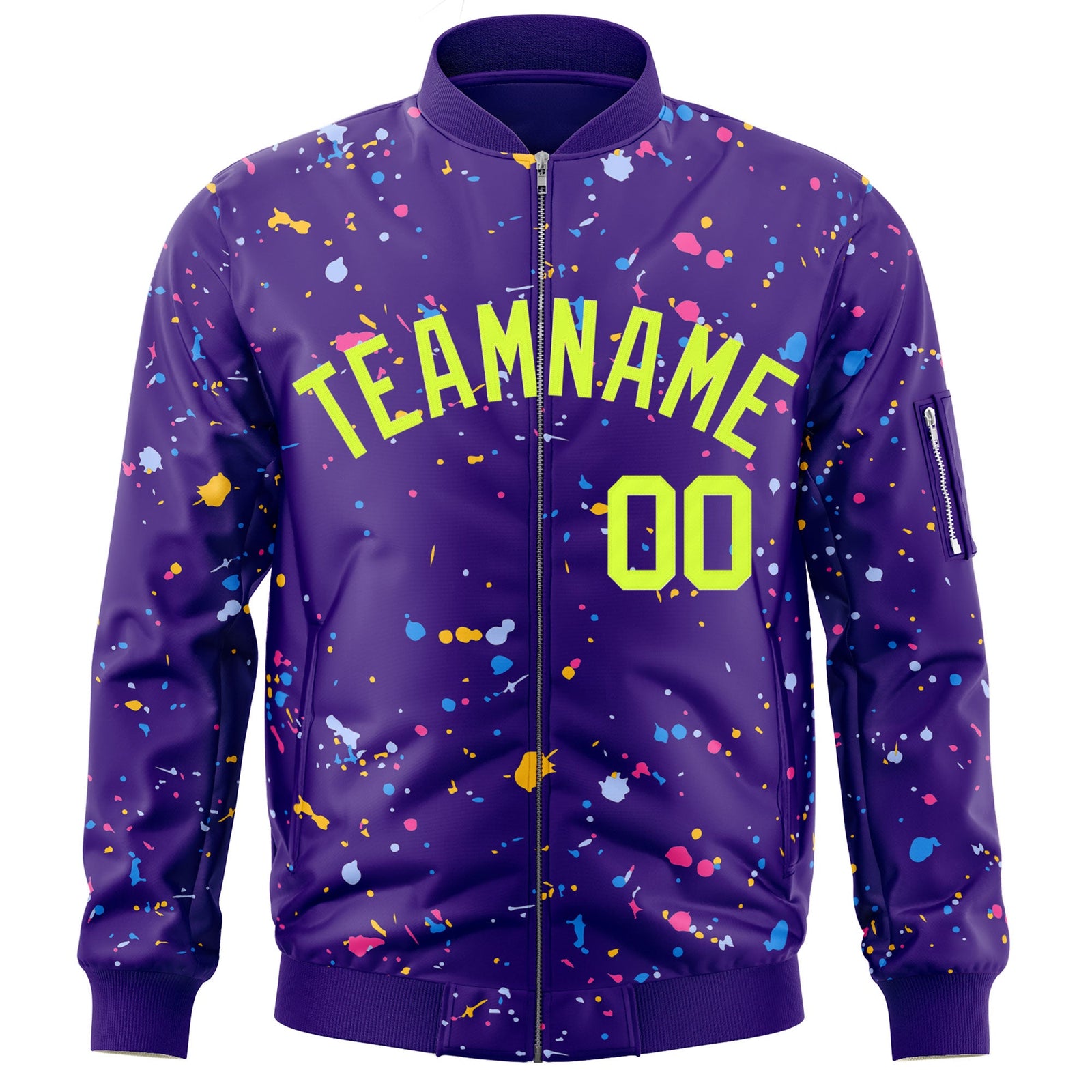 Custom Purple Neon Green Varsity Full-Zip Splash Graffiti Pattern Letterman Jacket