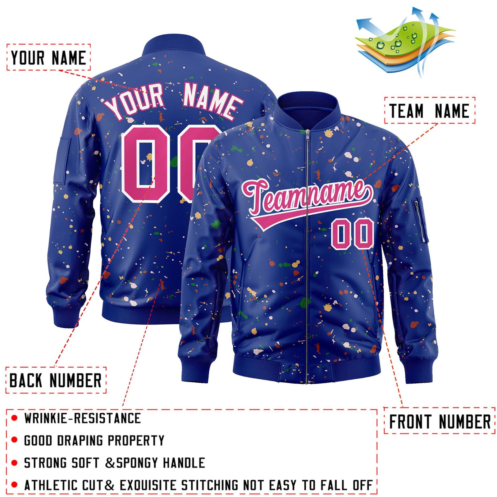 Custom Royal Pink-White Varsity Full-Zip Splash Graffiti Pattern Letterman Jacket