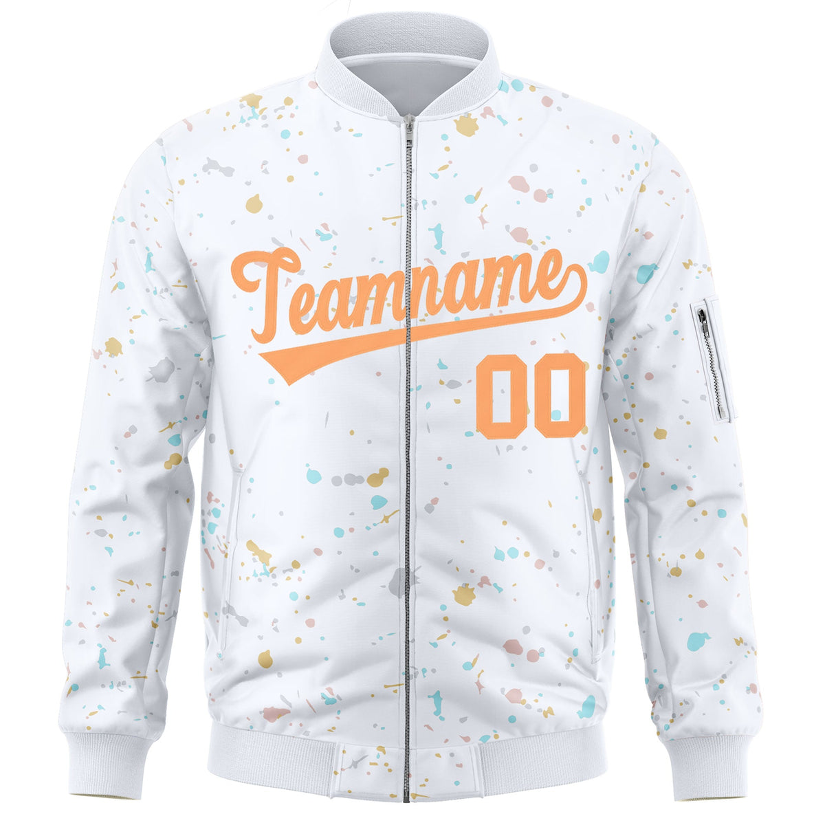 Custom White Orange Varsity Full-Zip Splash Graffiti Pattern Letterman Jacket