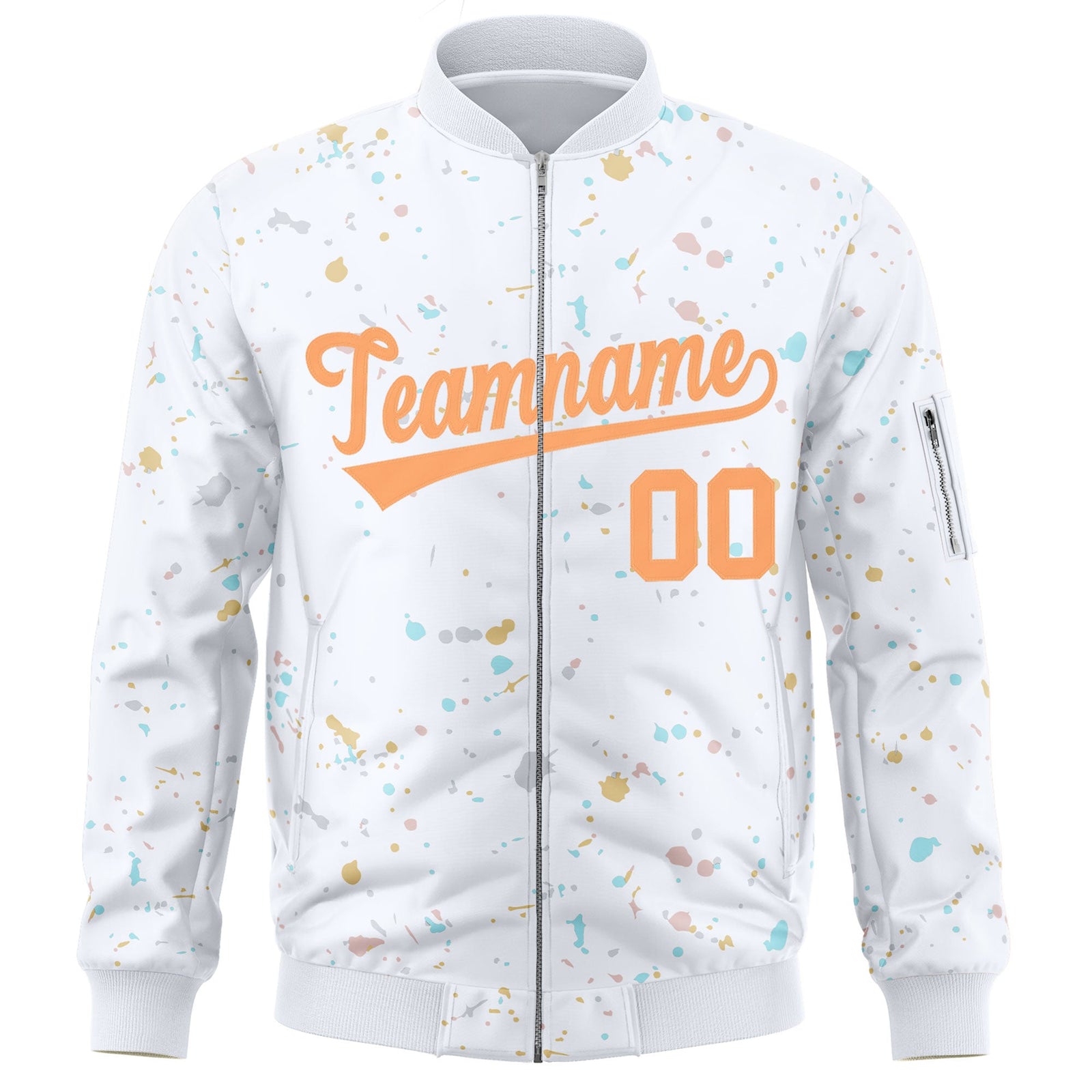 Custom White Orange Varsity Full-Zip Splash Graffiti Pattern Letterman Jacket