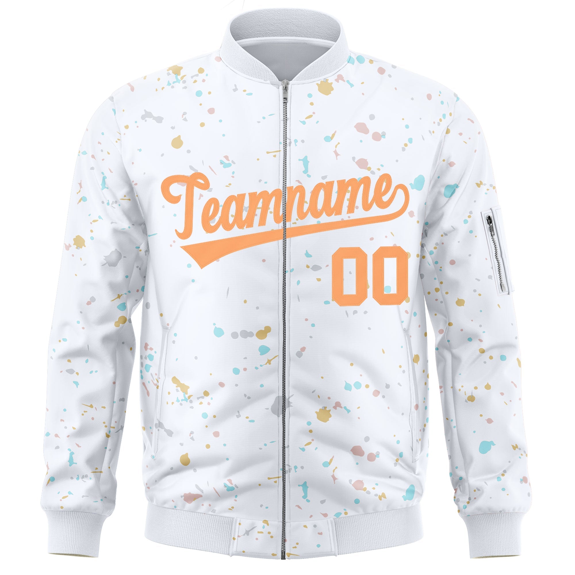 Custom White Orange Varsity Full-Zip Splash Graffiti Pattern Letterman Jacket