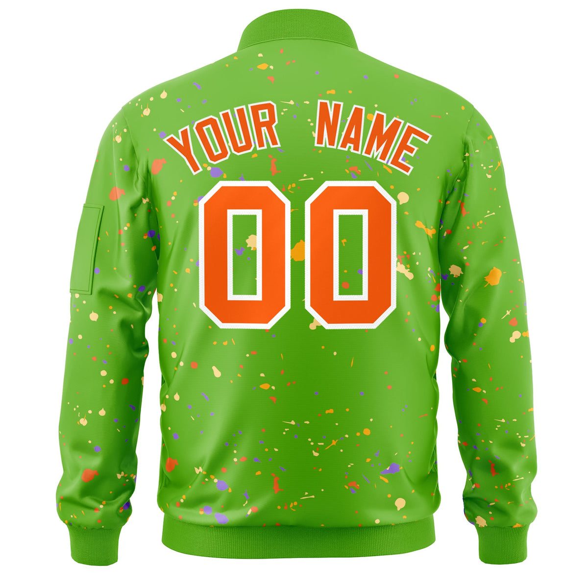 Custom Green Orange-White Varsity Full-Zip Splash Graffiti Pattern Letterman Jacket