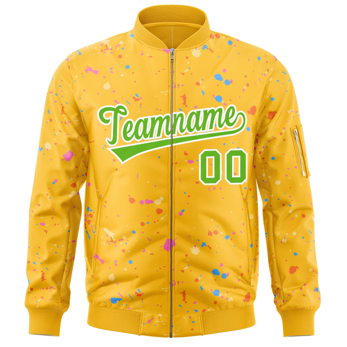 Custom Gold Green-White Varsity Full-Zip Splash Graffiti Pattern Letterman Jacket