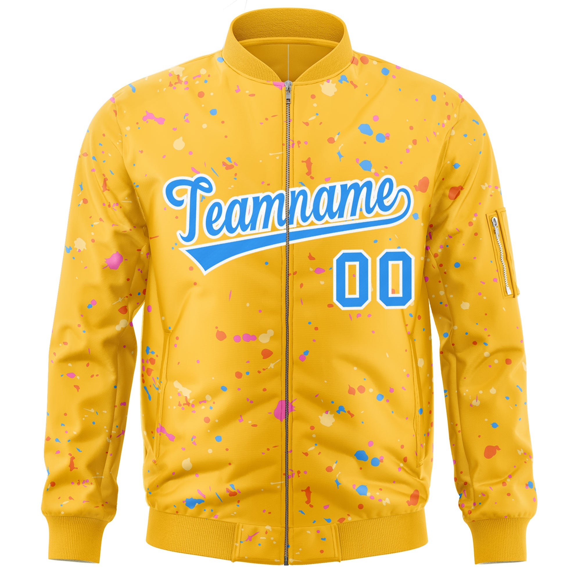 Custom Gold Powder Blue-White Varsity Full-Zip Splash Graffiti Pattern Letterman Jacket