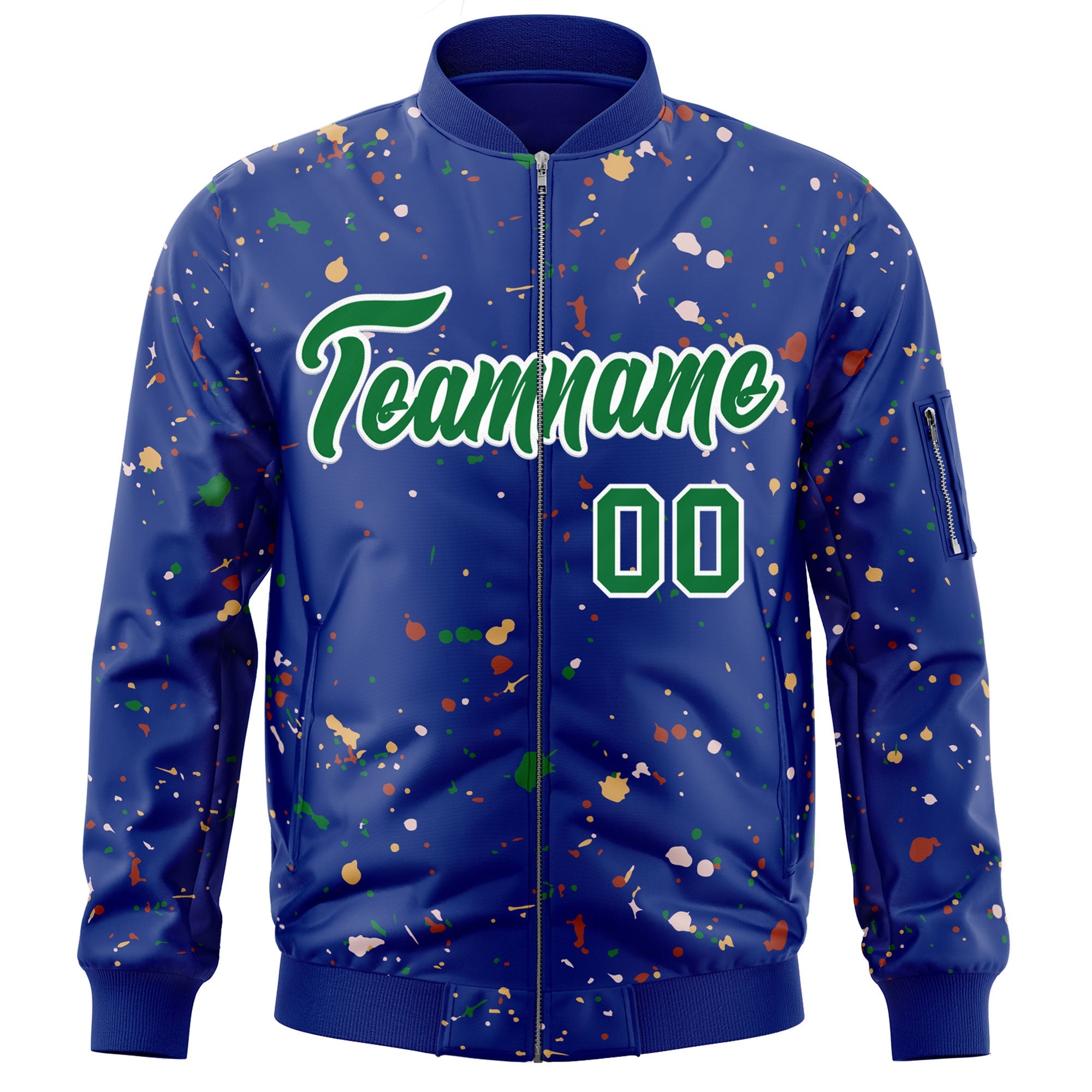 Custom Royal Kelly Green-White Varsity Full-Zip Splash Graffiti Pattern Letterman Jacket