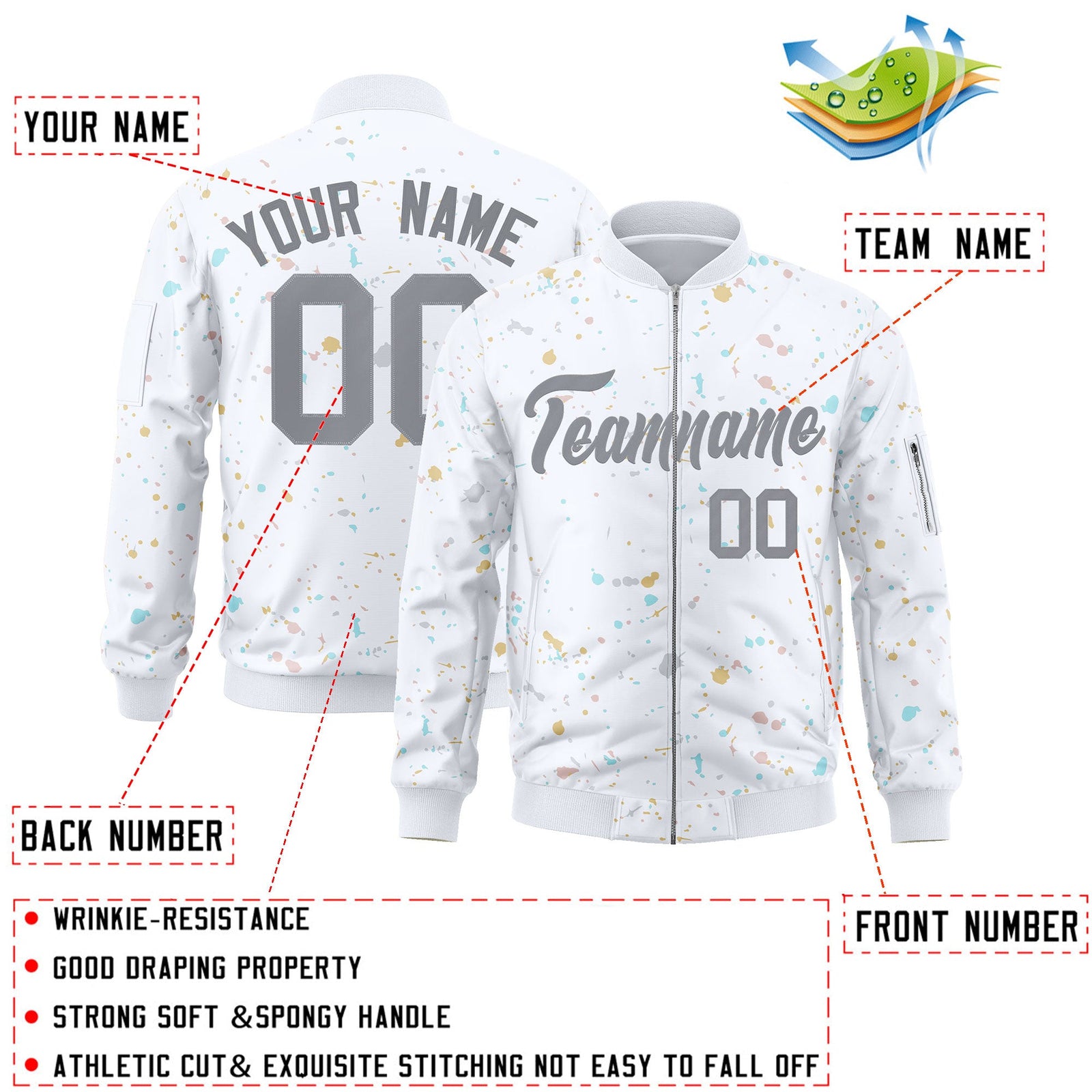 Custom White Gray Varsity Full-Zip Splash Graffiti Pattern Letterman Jacket