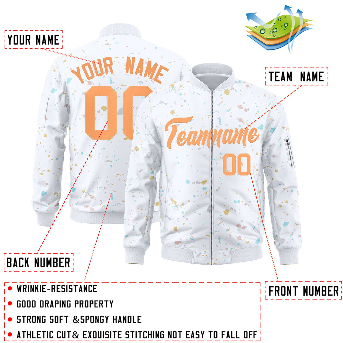 Custom White Orange Varsity Full-Zip Splash Graffiti Pattern Letterman Jacket