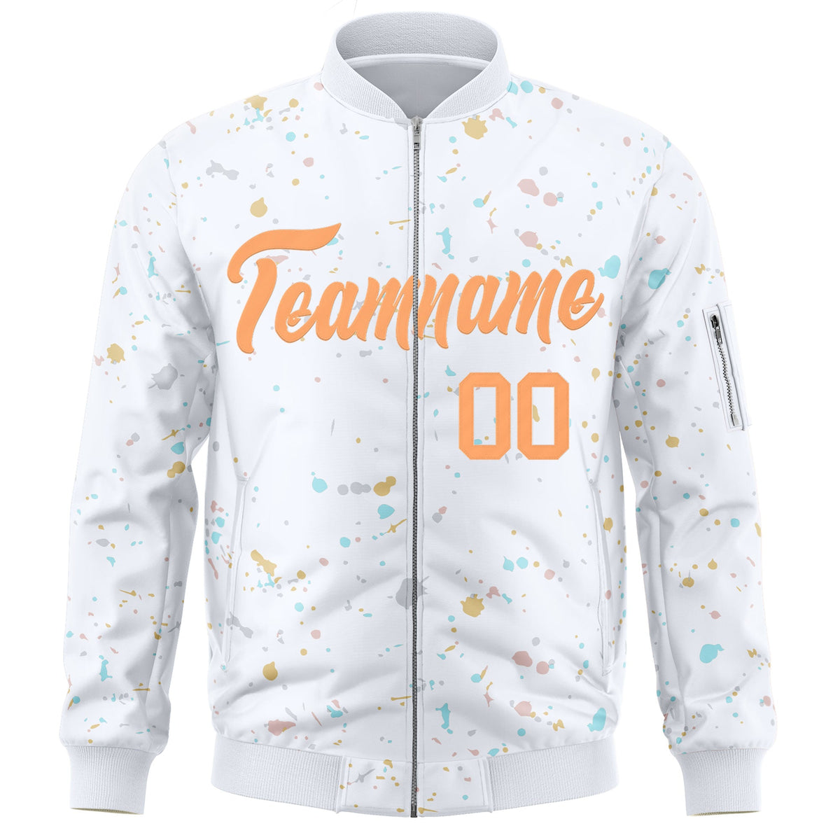Custom White Orange Varsity Full-Zip Splash Graffiti Pattern Letterman Jacket
