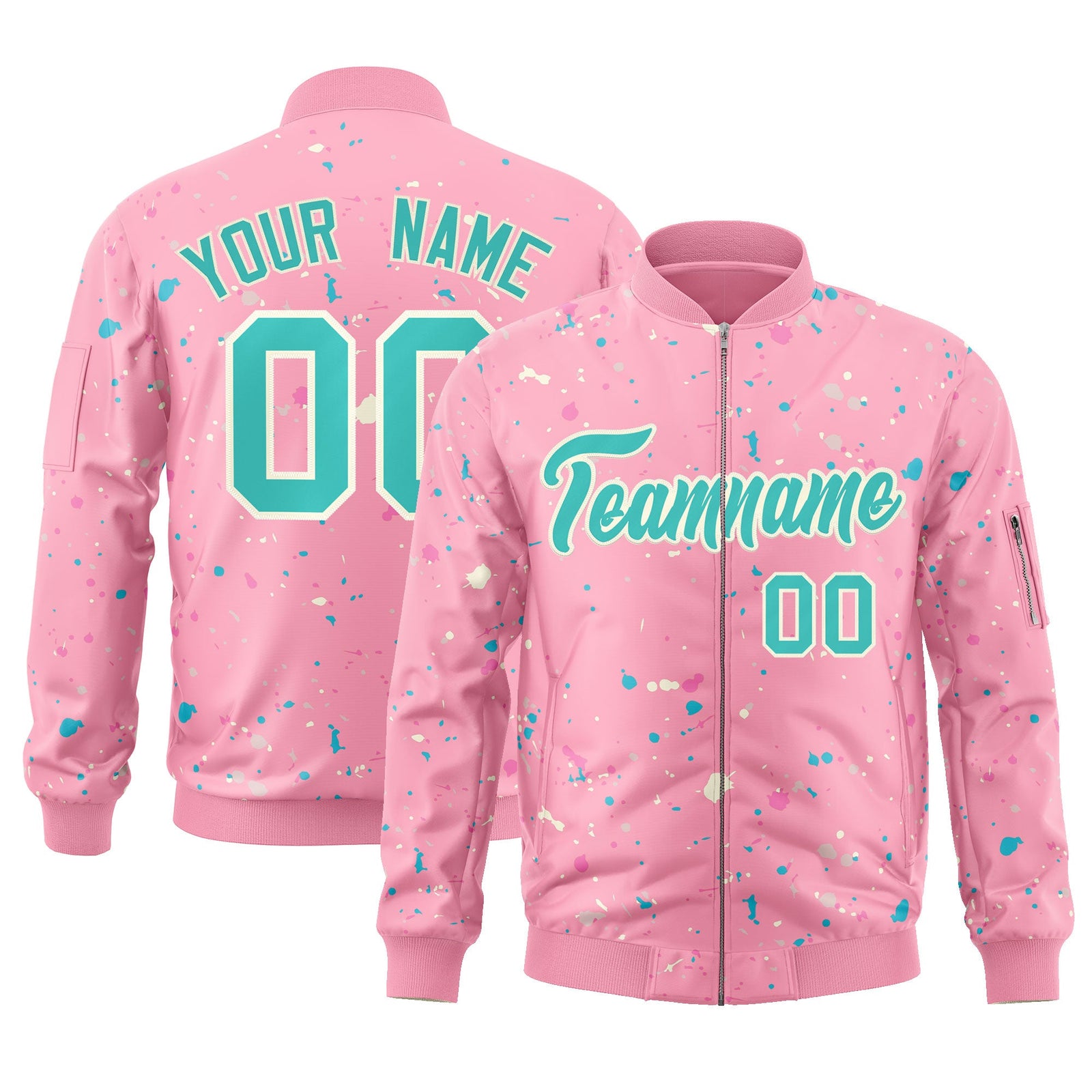 Custom Pink Aqua Varsity Full-Zip Splash Graffiti Pattern Letterman Jacket