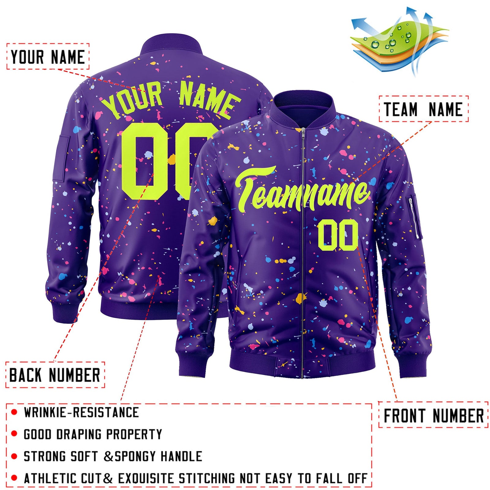 Custom Purple Neon Green Varsity Full-Zip Splash Graffiti Pattern Letterman Jacket