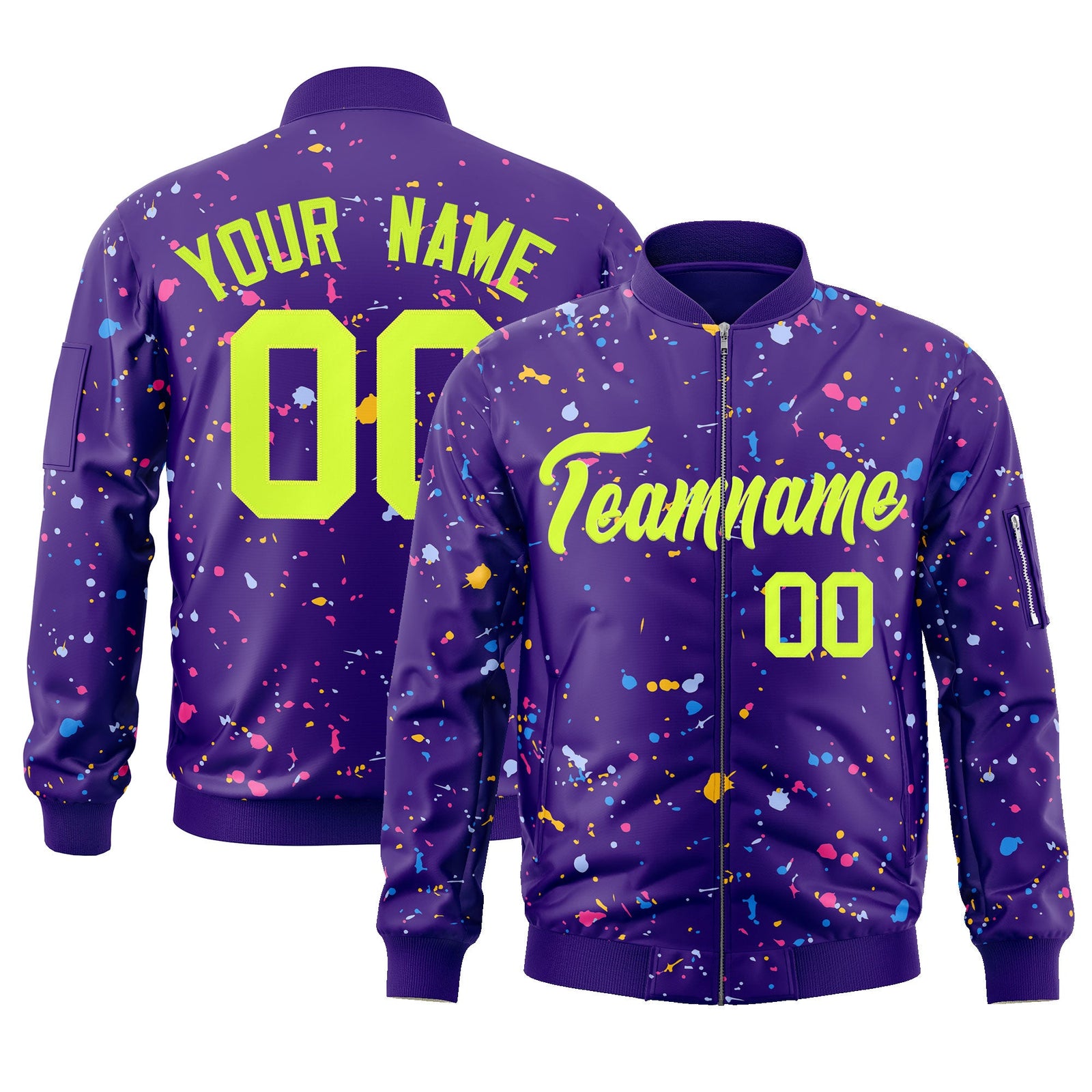 Custom Purple Neon Green Varsity Full-Zip Splash Graffiti Pattern Letterman Jacket