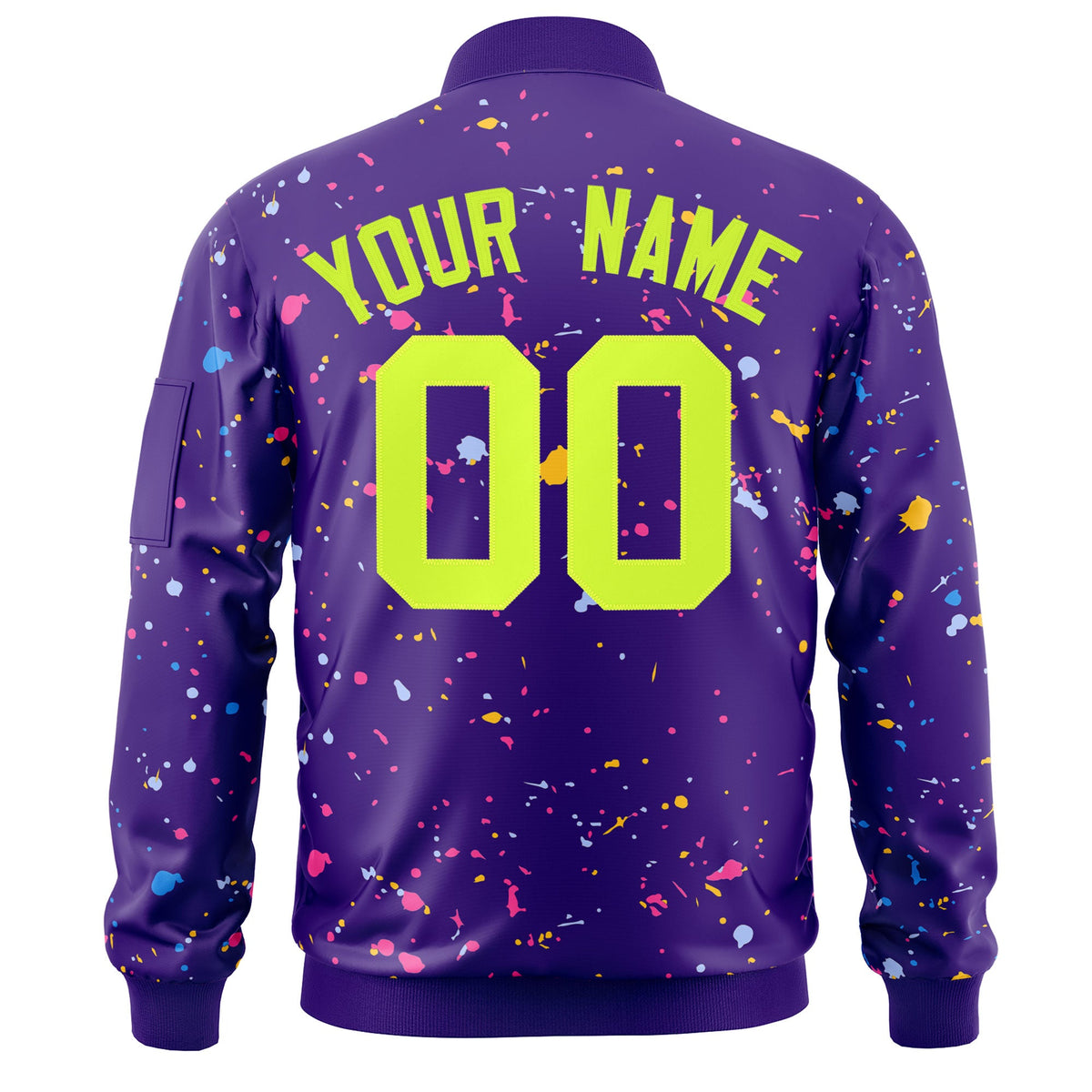 Custom Purple Neon Green Varsity Full-Zip Splash Graffiti Pattern Letterman Jacket