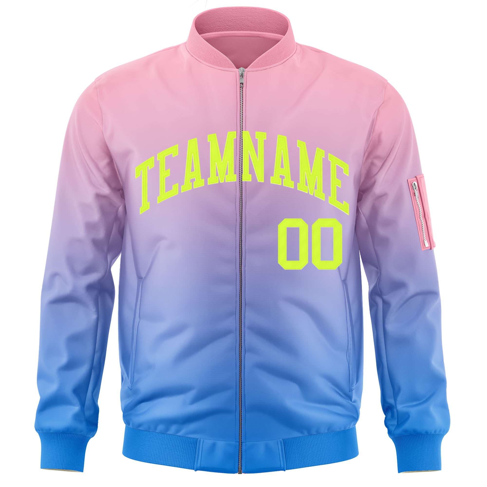 Custom Pink Powder Blue-Neon Green Varsity Full-Zip Gradient Fashion Letterman Bomber Jacket