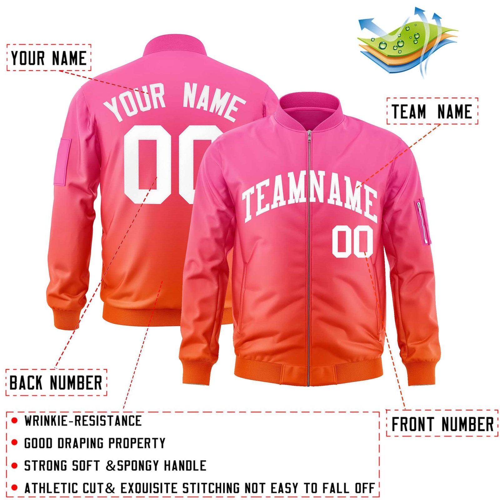 Custom Pink Orange-White Varsity Full-Zip Gradient Fashion Letterman Bomber Jacket