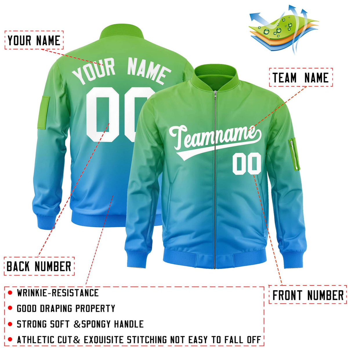 Custom Green Powder Blue-White Varsity Full-Zip Gradient Fashion Letterman Bomber Jacket