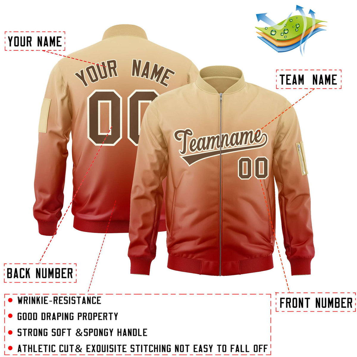 Custom Khaki Red-Brown Varsity Full-Zip Gradient Fashion Letterman Bomber Jacket