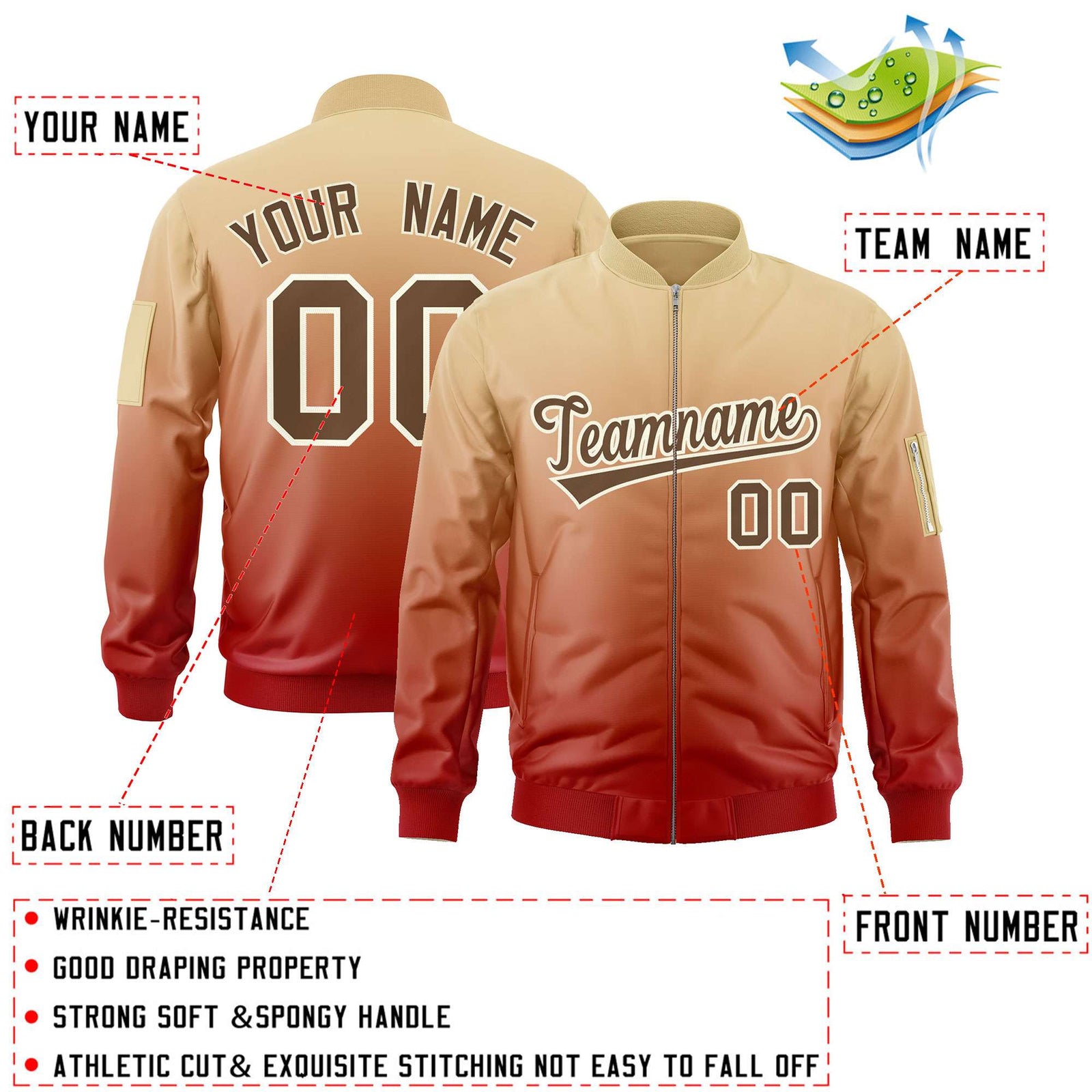 Custom Khaki Red-Brown Varsity Full-Zip Gradient Fashion Letterman Bomber Jacket