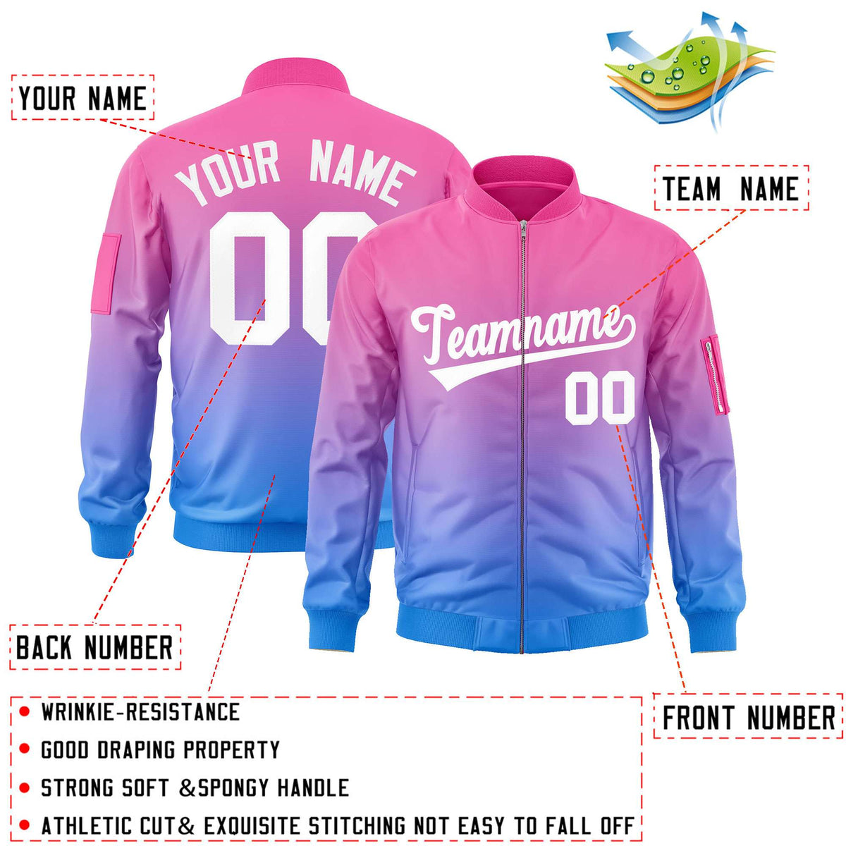 Custom Pink Powder Blue-White Varsity Full-Zip Gradient Fashion Letterman Bomber Jacket