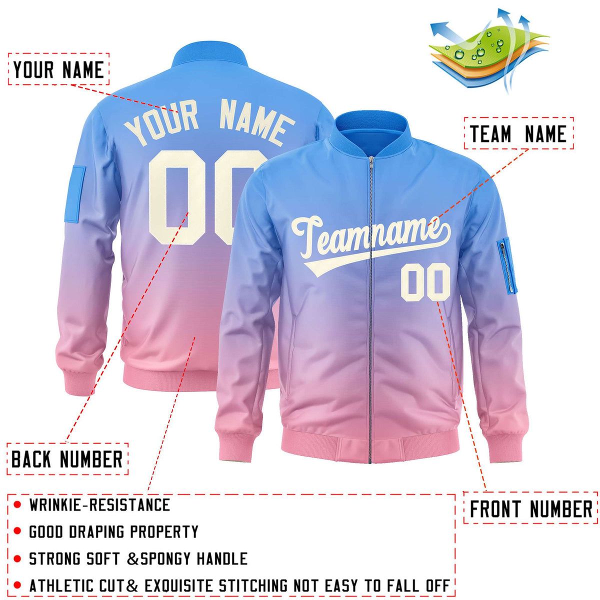 Custom Powder Blue Pink-Cream Varsity Full-Zip Gradient Fashion Letterman Bomber Jacket