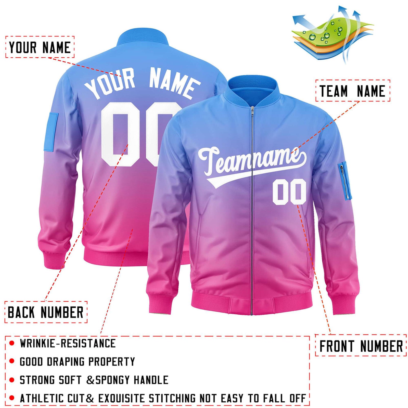 Custom Powder Blue Pink-White Varsity Full-Zip Gradient Fashion Letterman Bomber Jacket