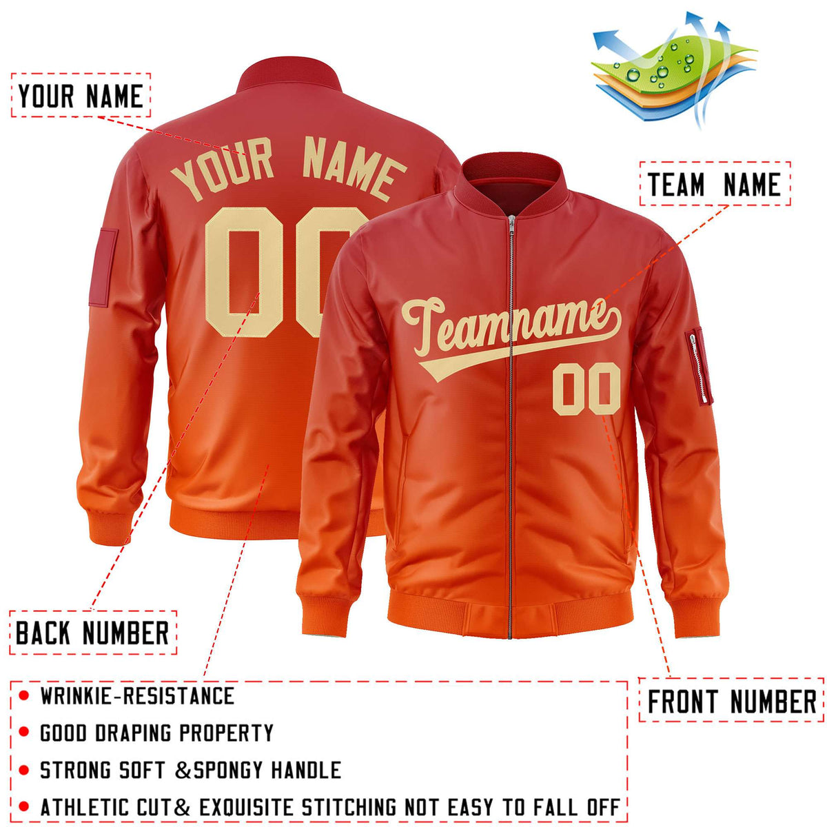 Custom Red Orange-Khaki Varsity Full-Zip Gradient Fashion Letterman Bomber Jacket