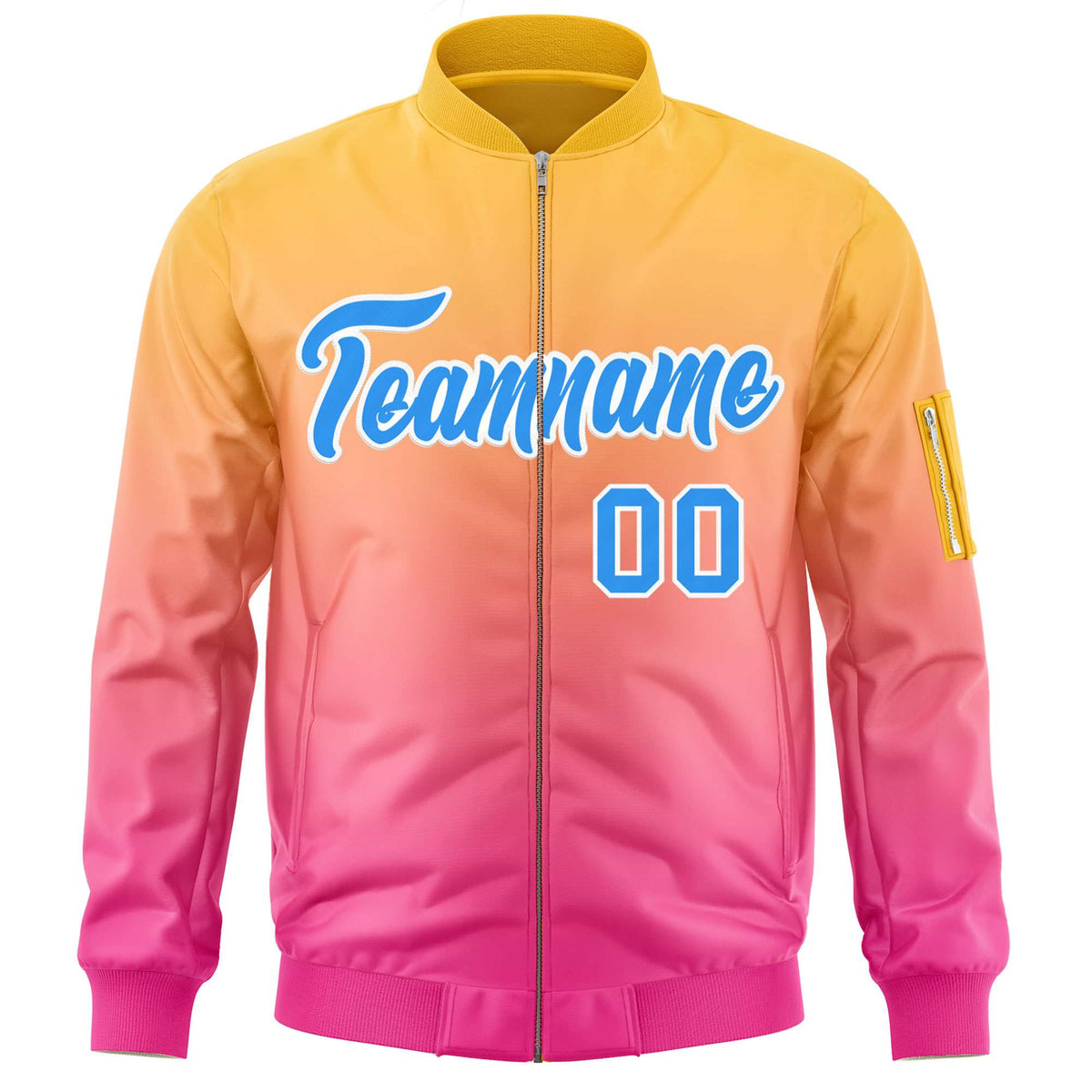Custom Gold Pink-Powder Blue Varsity Full-Zip Gradient Fashion Letterman Bomber Jacket