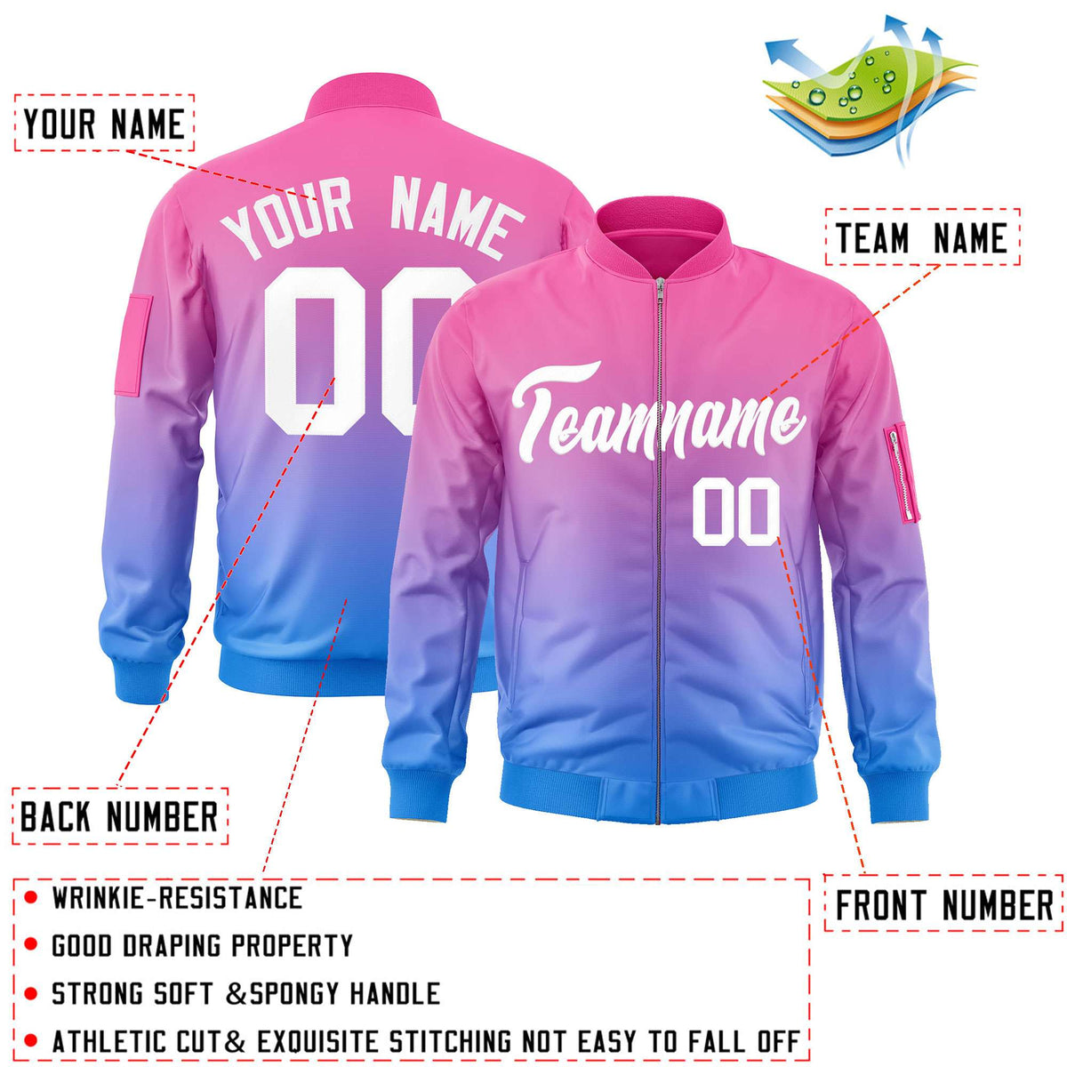Custom Pink Powder Blue-White Varsity Full-Zip Gradient Fashion Letterman Bomber Jacket