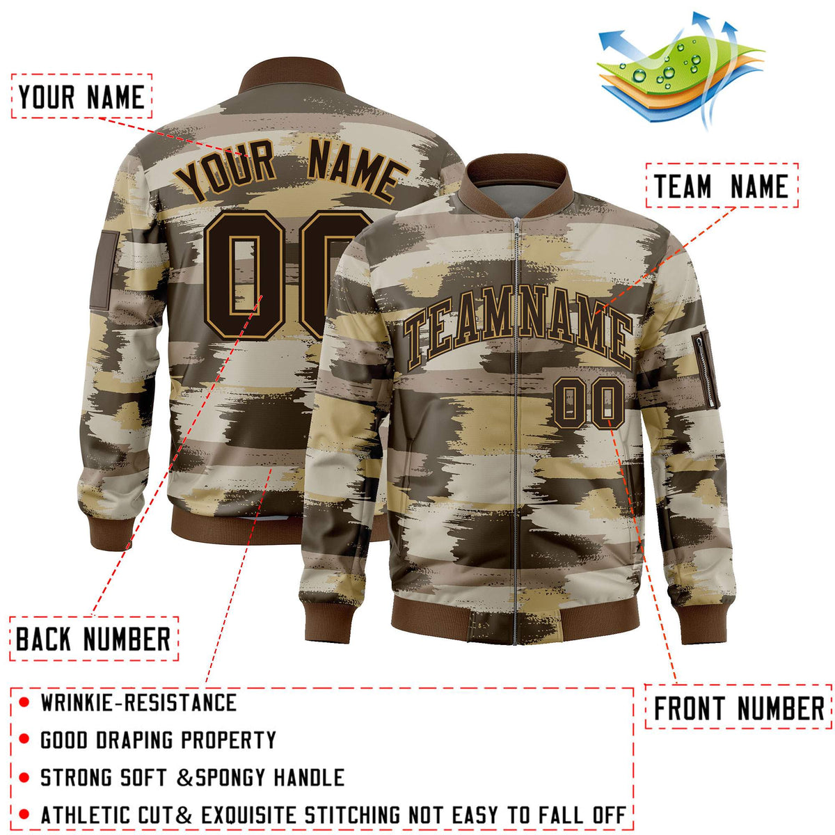 Custom Brown Old Gold Varsity Full-Zip Camo Letterman Bomber Jacket