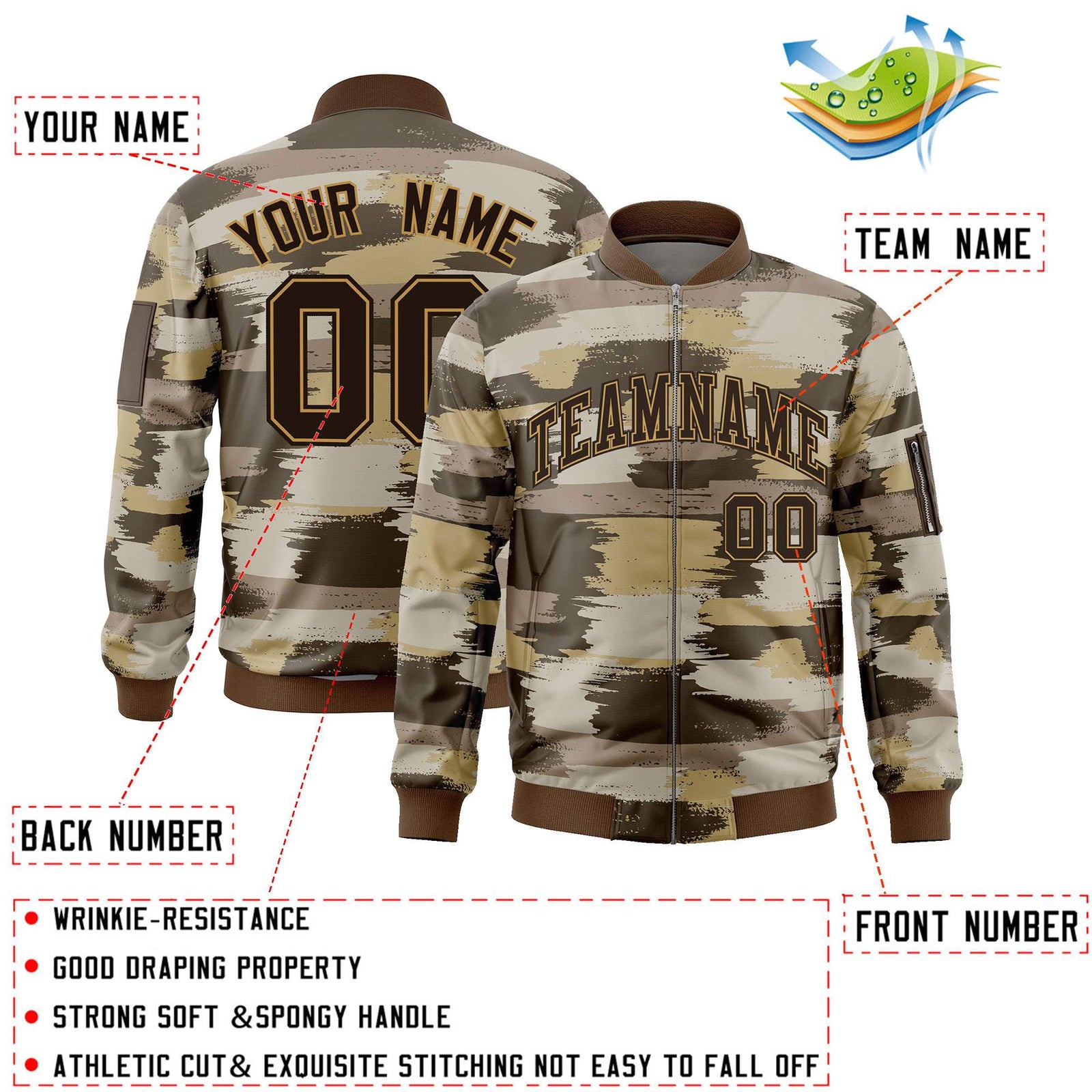 Custom Brown Old Gold Varsity Full-Zip Camo Letterman Bomber Jacket