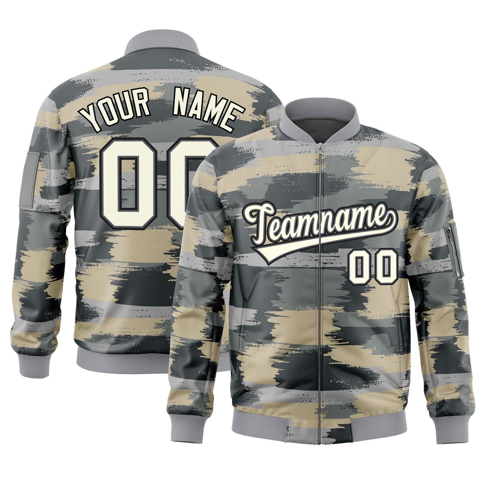 Custom Khaki Black Varsity Full-Zip Camo Letterman Bomber Jacket