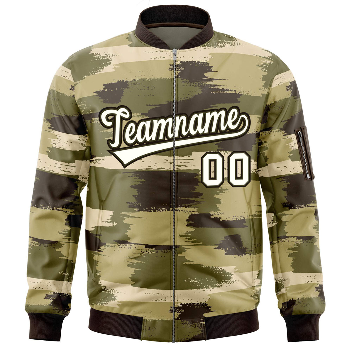 Custom Cream Black Varsity Full-Zip Camo Letterman Bomber Jacket