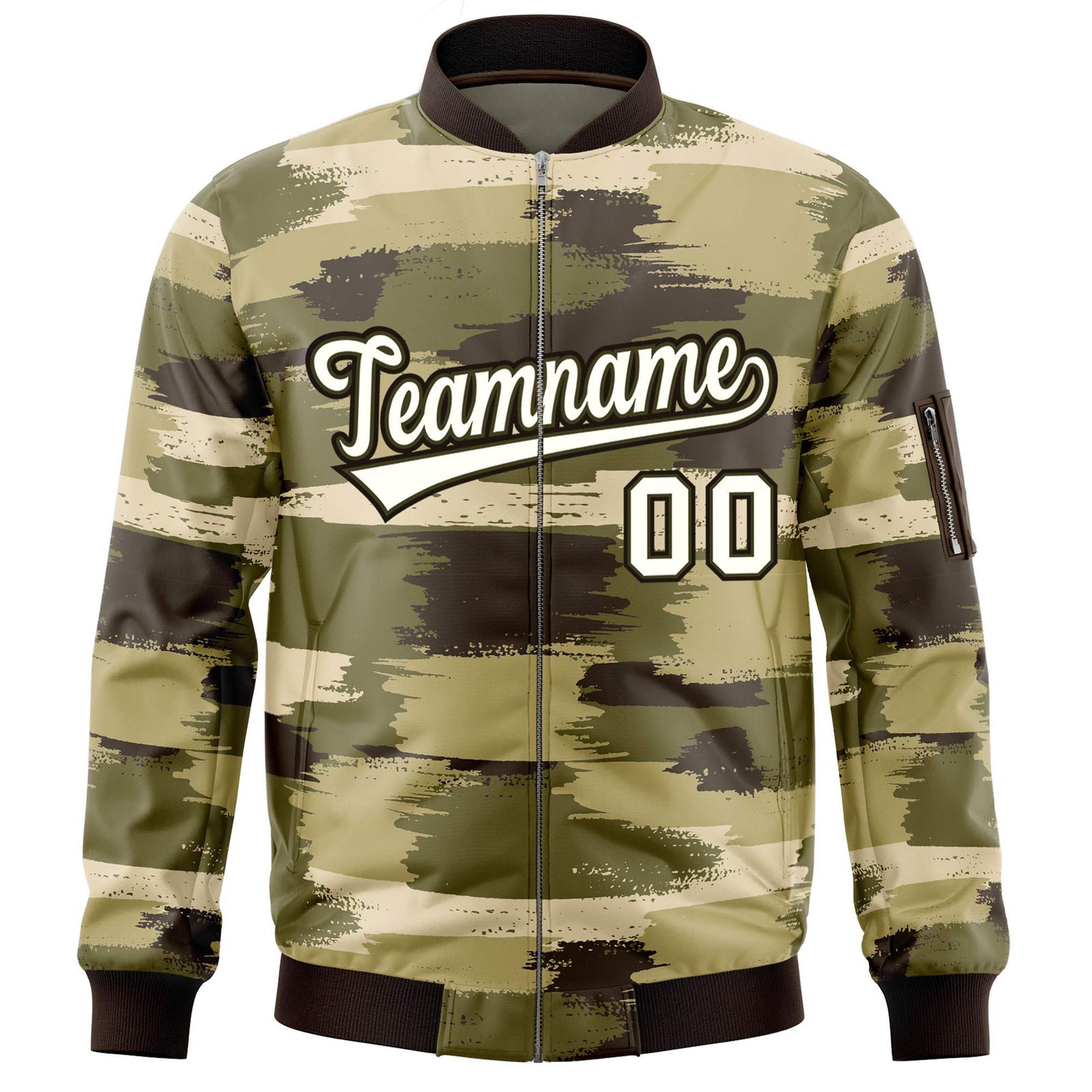 Custom Cream Black Varsity Full-Zip Camo Letterman Bomber Jacket