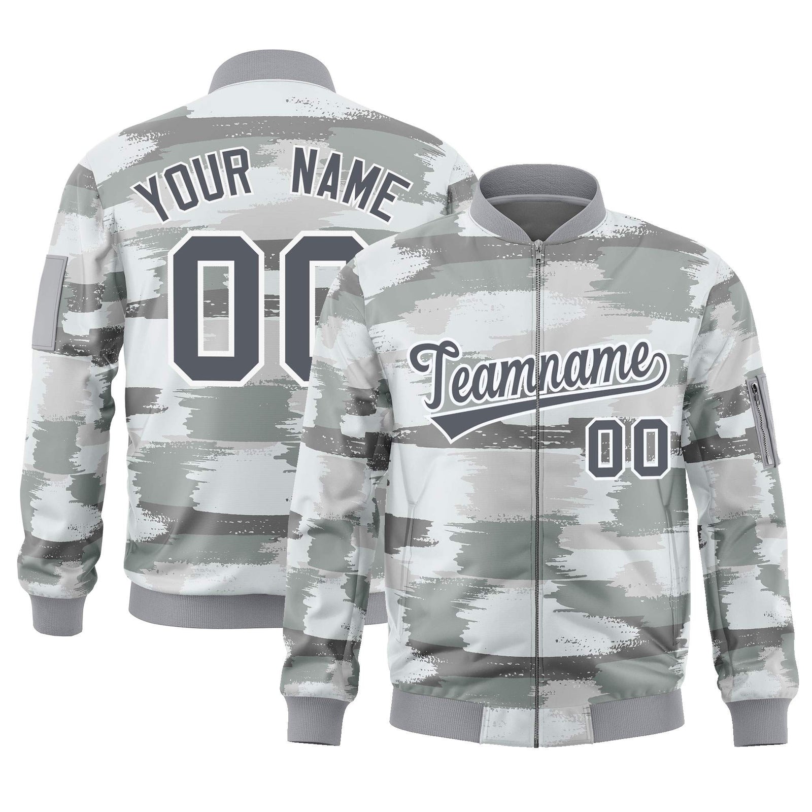 Custom Gray White Varsity Full-Zip Camo Letterman Bomber Jacket