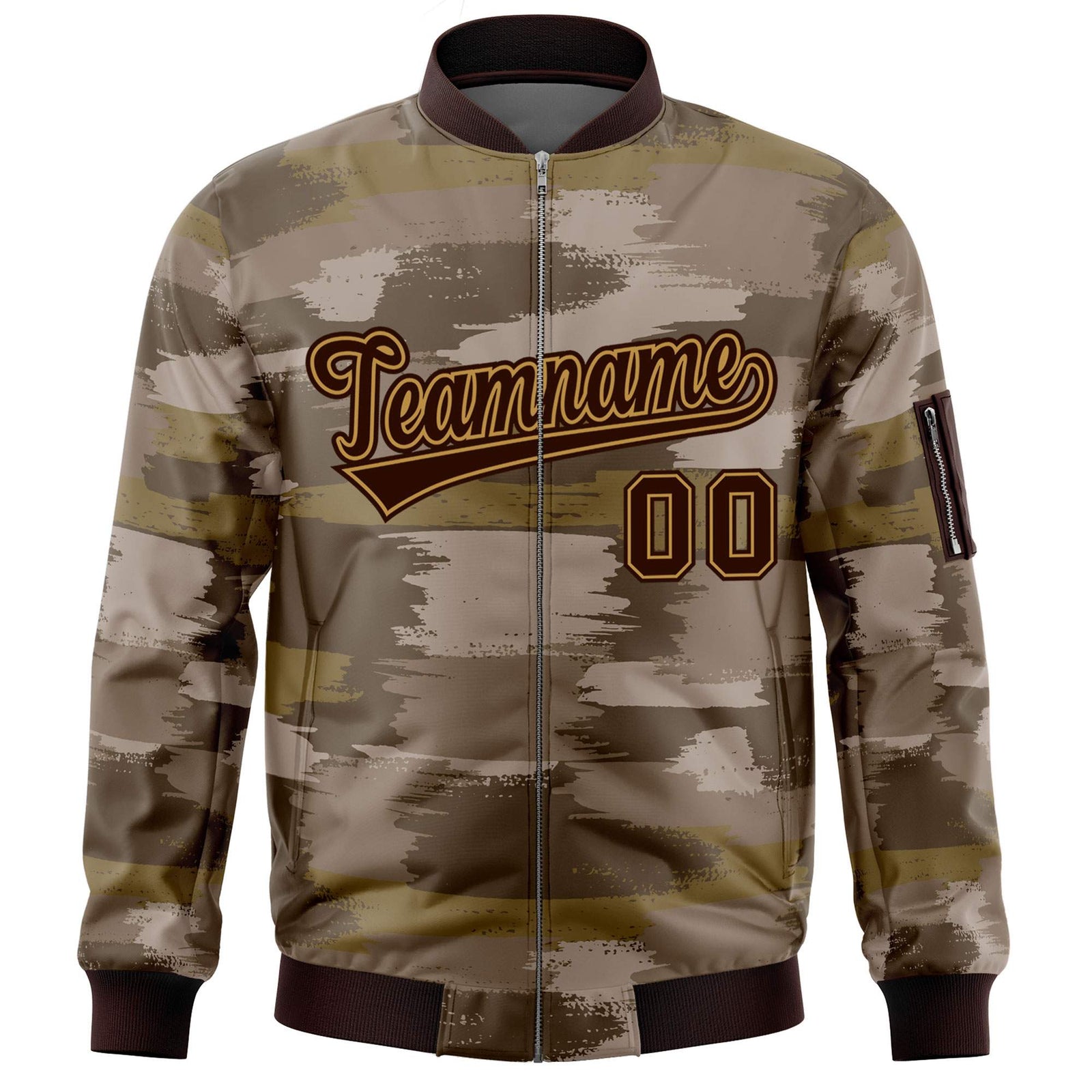 Custom Brown Old Gold Varsity Full-Zip Camo Letterman Bomber Jacket