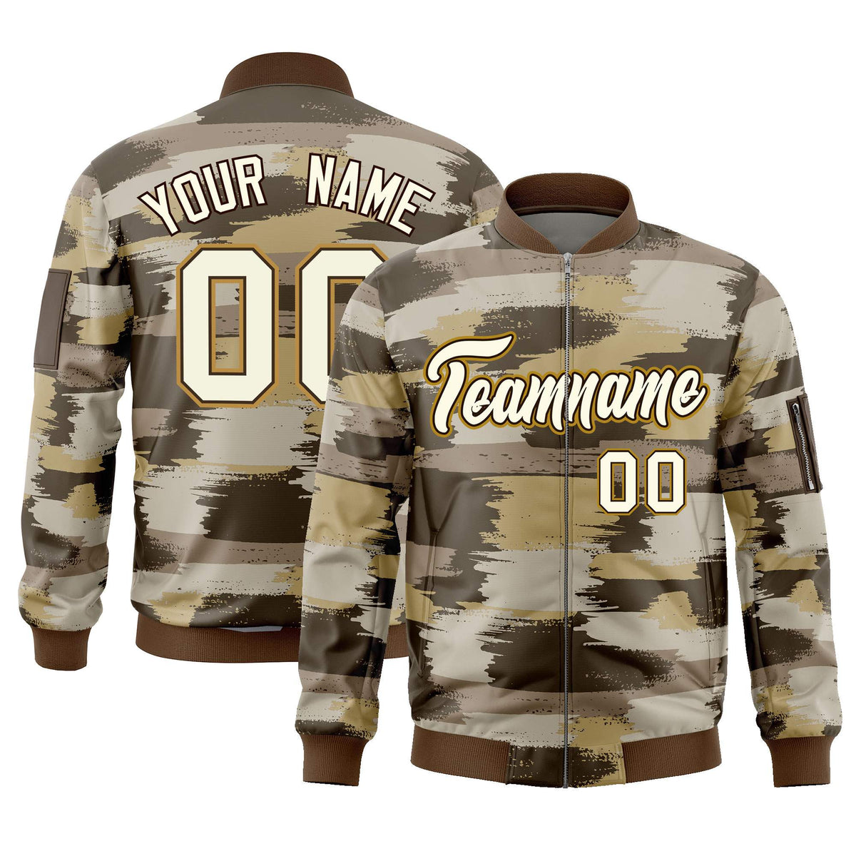 Custom Khaki Old Gold Varsity Full-Zip Camo Letterman Bomber Jacket
