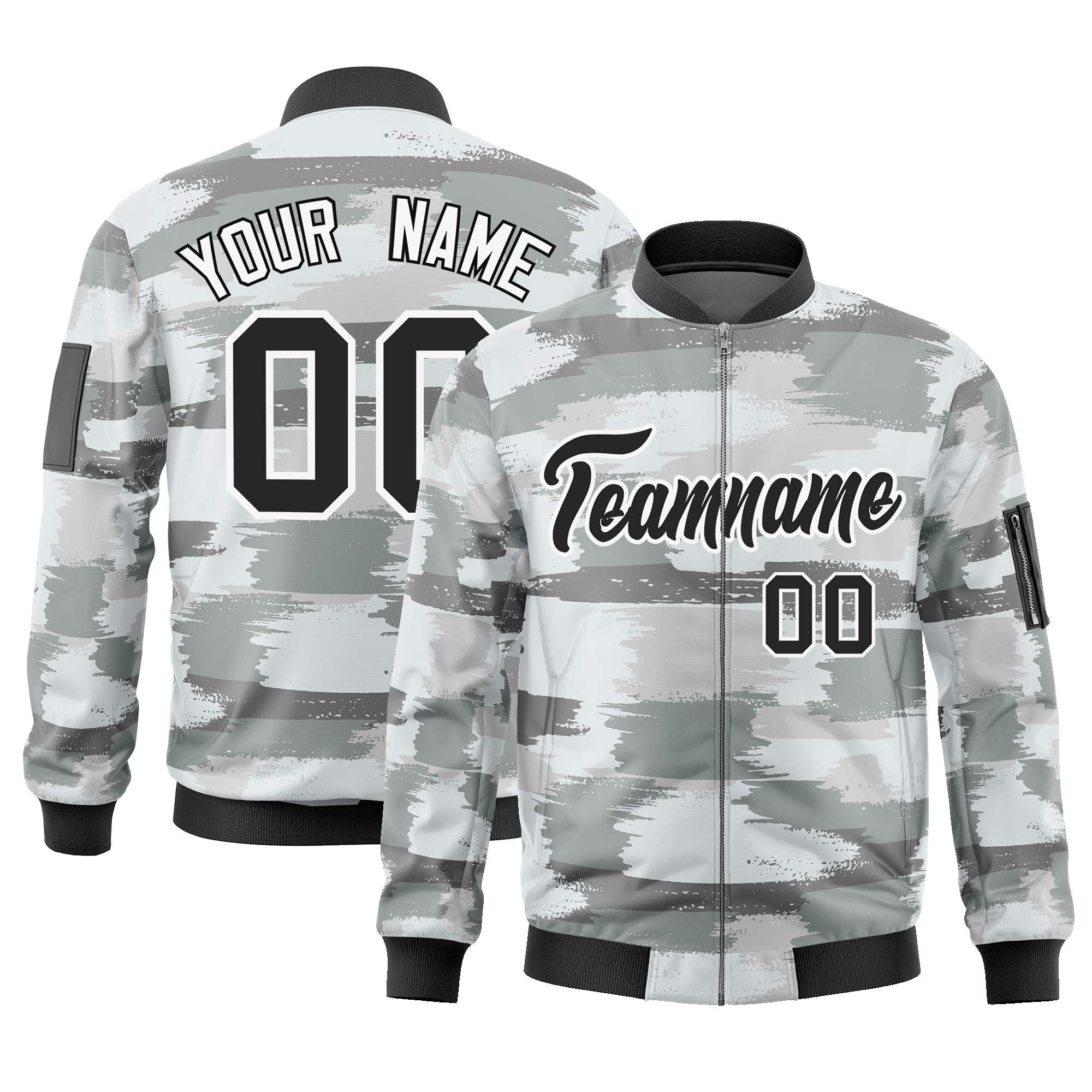 Custom Black White Varsity Full-Zip Camo Letterman Bomber Jacket