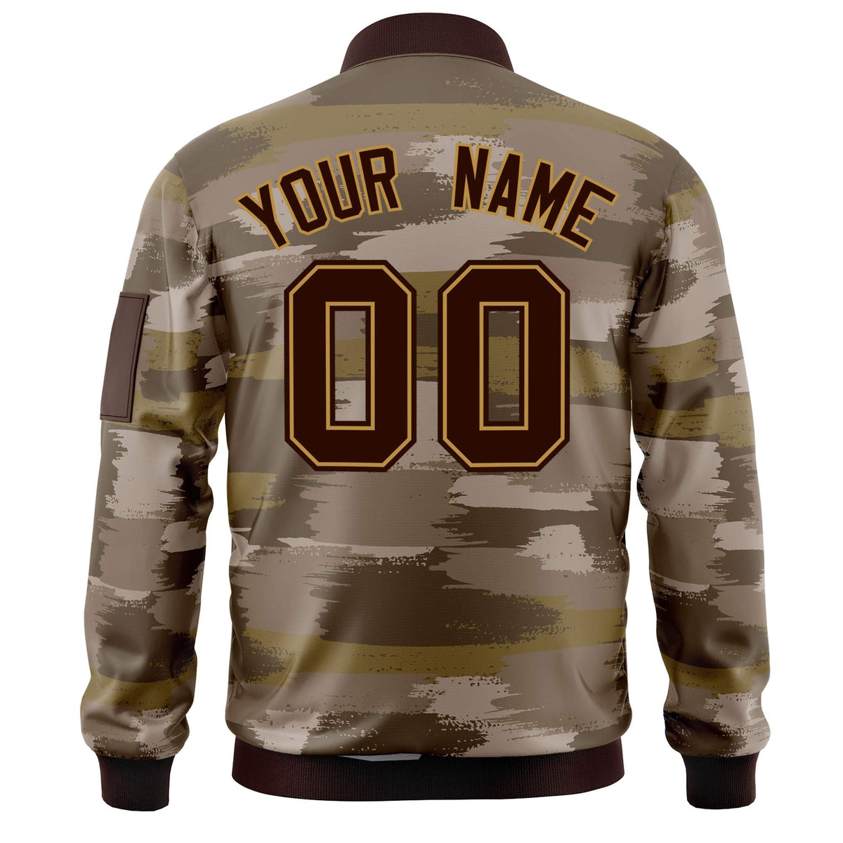 Custom Brown Old Gold Varsity Full-Zip Camo Letterman Bomber Jacket