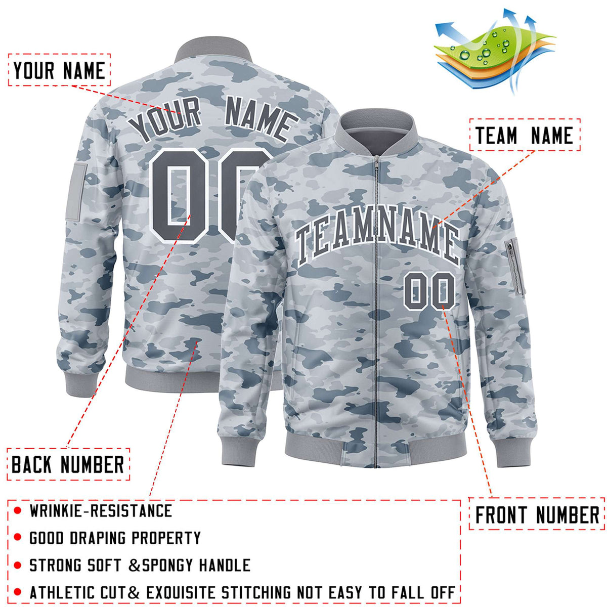 Custom Gray White Varsity Full-Zip Camo Letterman Bomber Jacket