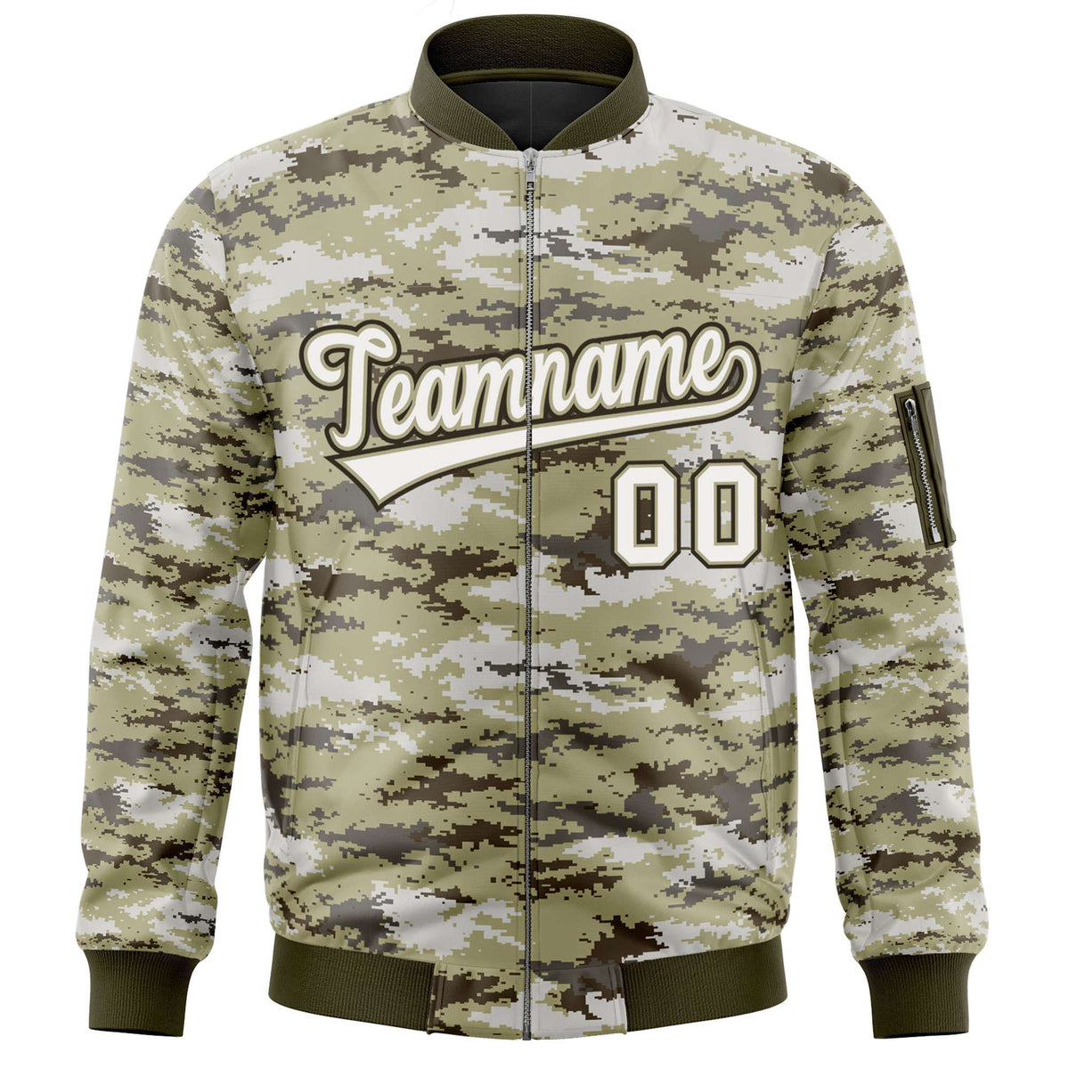 Custom White Olive Varsity Full-Zip Camo Letterman Bomber Jacket