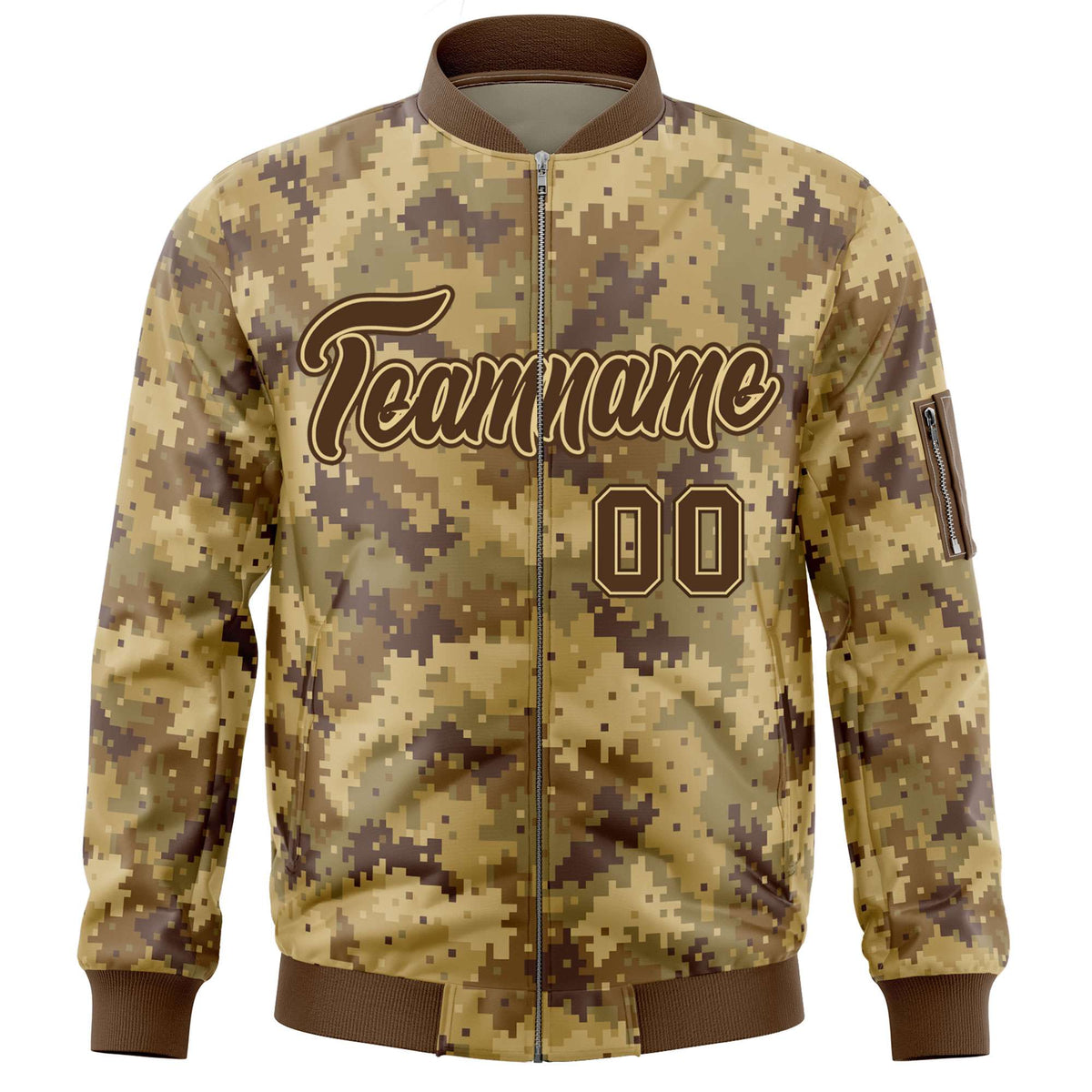 Custom Brown Varsity Full-Zip Camo Letterman Bomber Jacket