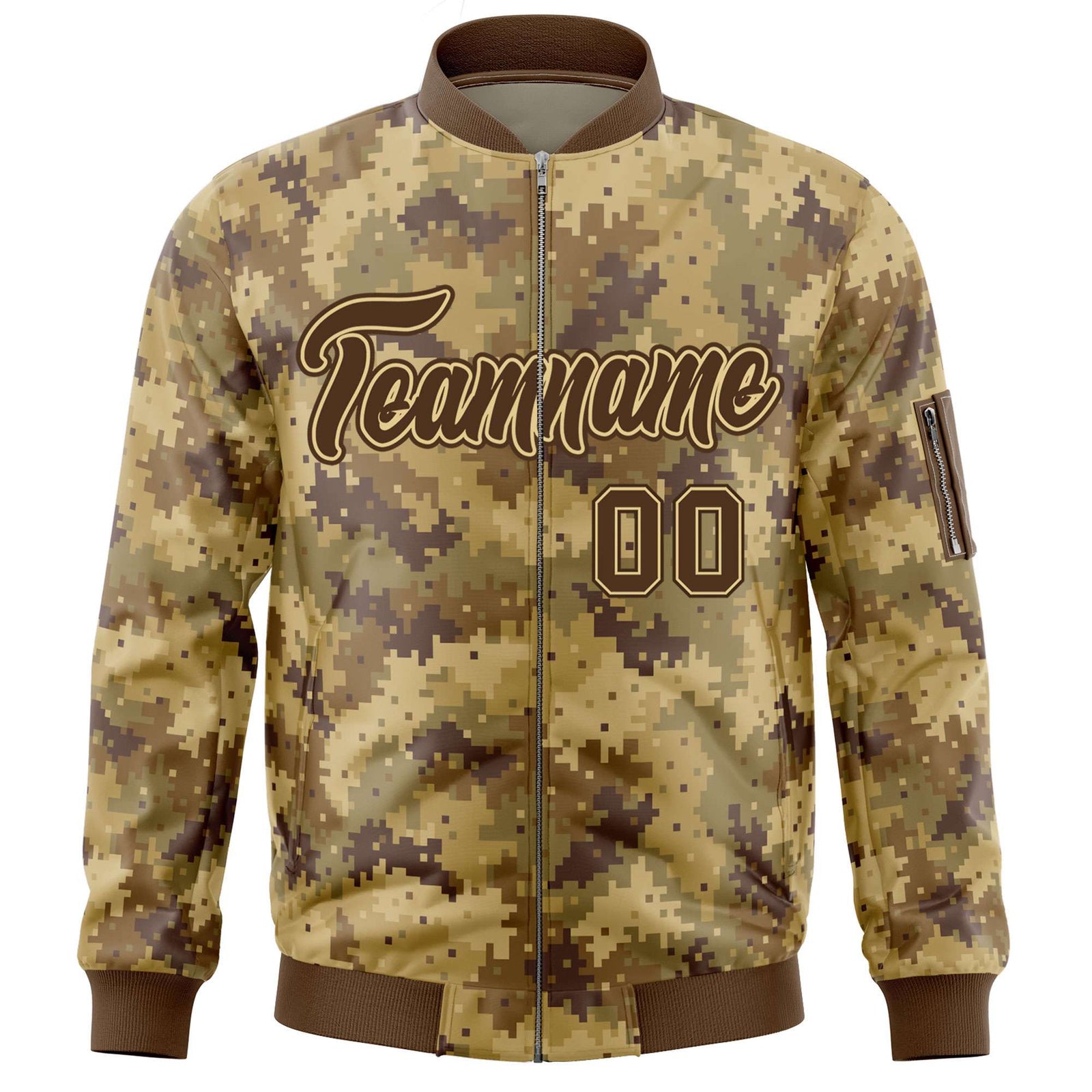 Custom Brown Varsity Full-Zip Camo Letterman Bomber Jacket