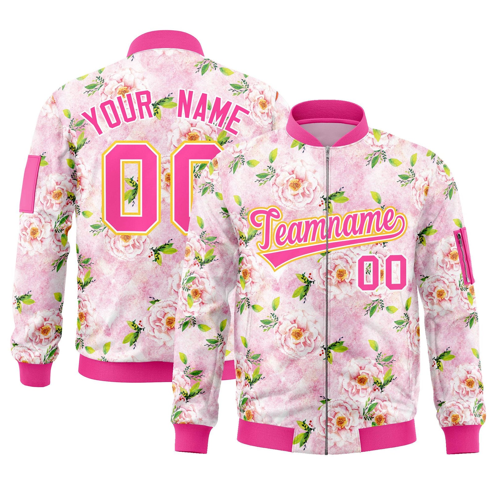 Custom Pink Varsity Full-Zip Hawaii Letterman Bomber Jacket