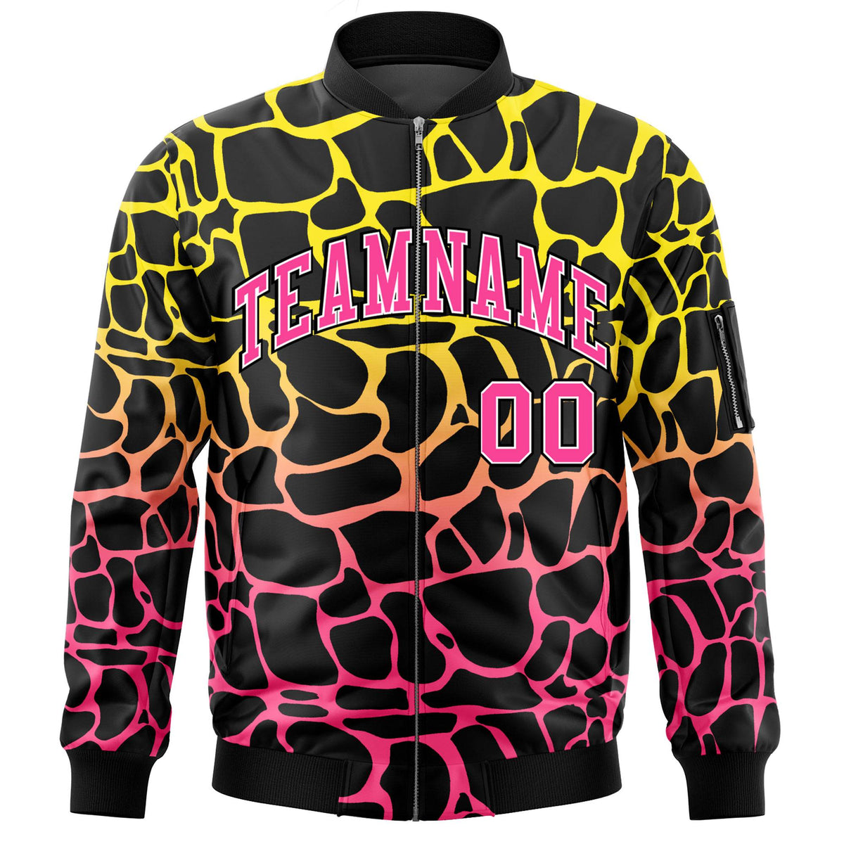 Custom Black Gold-Pink Varsity Full-Zip Spotted Letterman Bomber Jacket