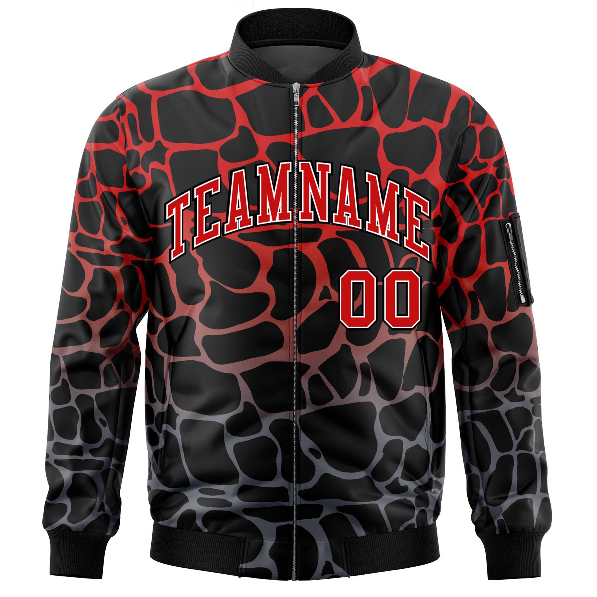 Custom Black Red-Gray Varsity Full-Zip Spotted Letterman Bomber Jacket