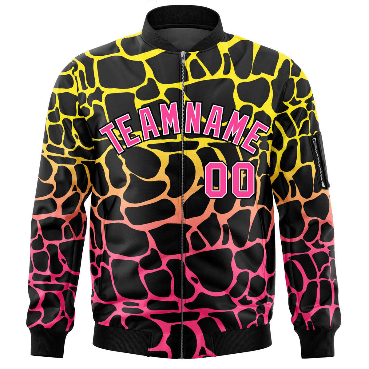 Custom Black Gold-Pink Varsity Full-Zip Spotted Letterman Bomber Jacket
