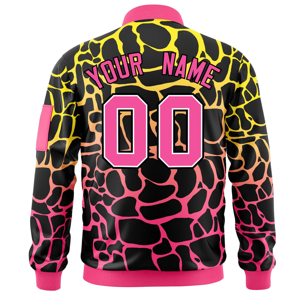Custom Black Gold-Pink Varsity Full-Zip Spotted Letterman Bomber Jacket