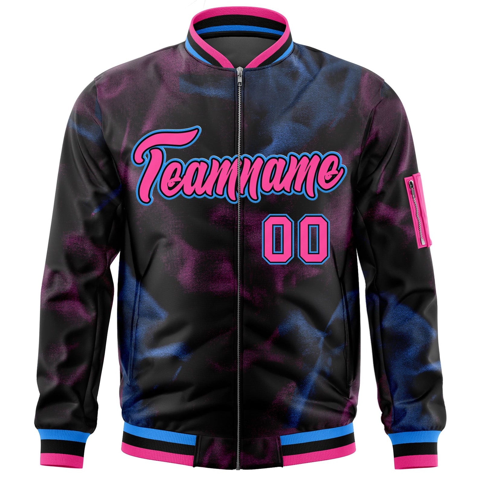 Custom Black Pink-Powder Blue Varsity Full-Zip Blur Spray Letterman Bomber Jacket